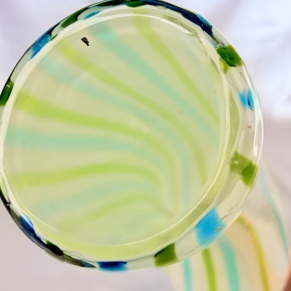 Hand Blown Art Glass Vase 13.5” Blue Green White Ribbon Stripe Murano Style - Picture 5 of 9